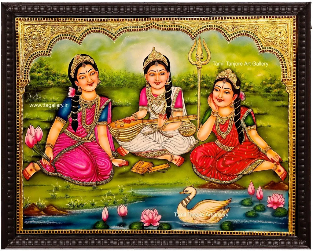 Parvati,Saraswati,Lakshmi Traditonal Tanjore Painting