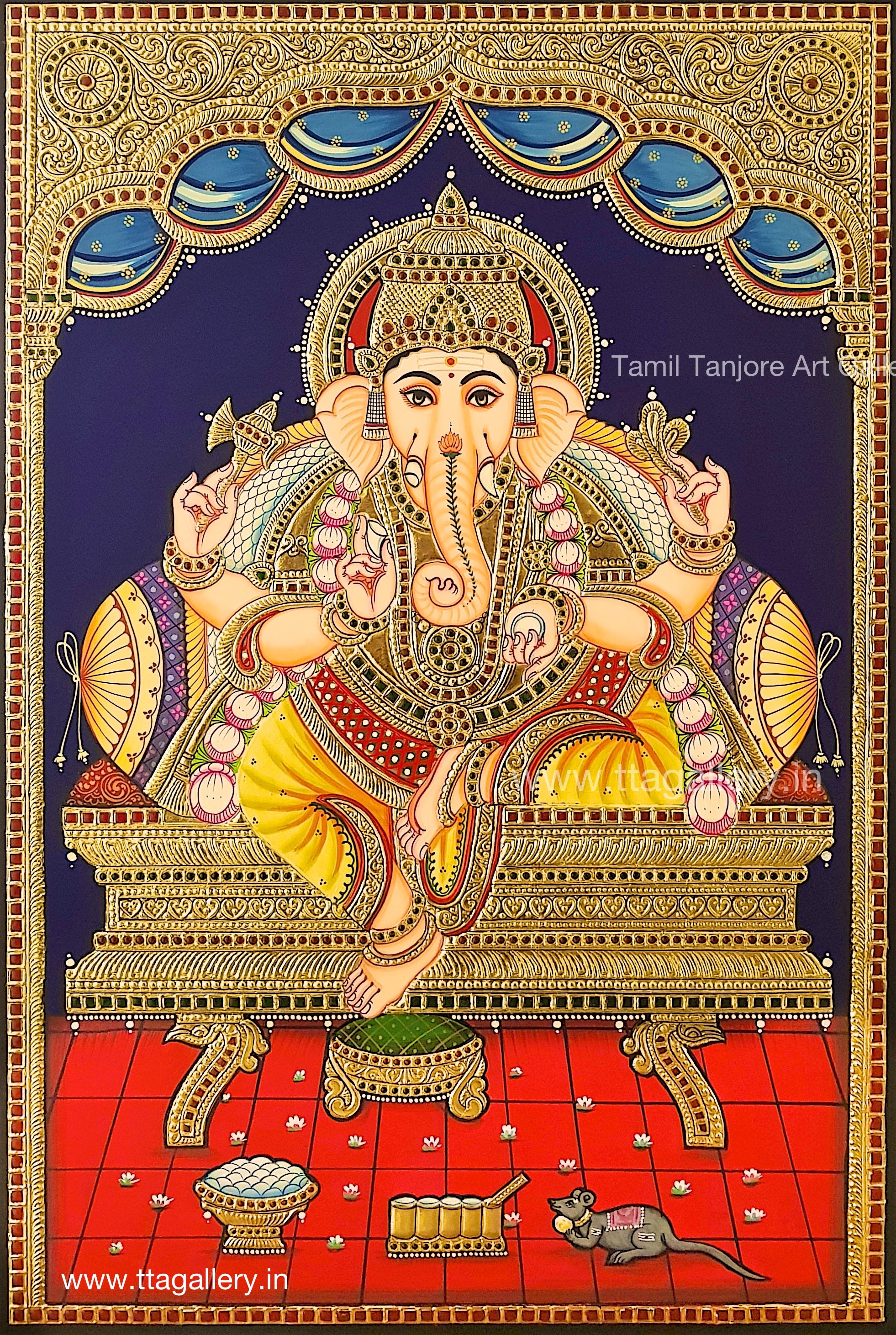 Ganesha Blue Curtain Tanjore Painting