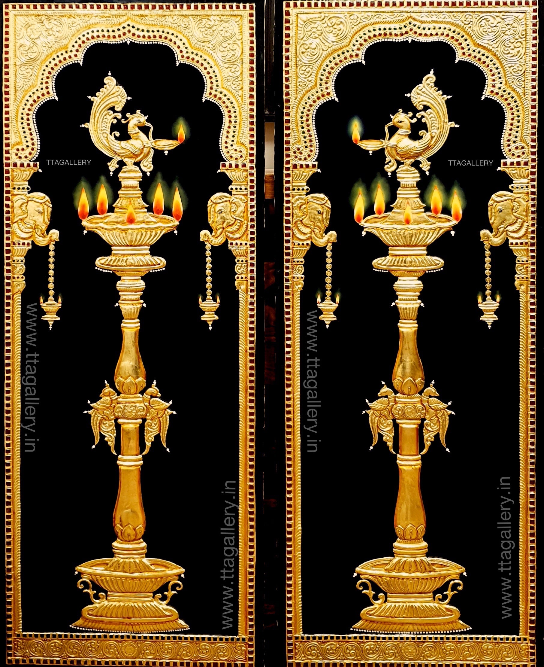 Kuthu Vilakku Pair Semi Embossed Tanjore Painting