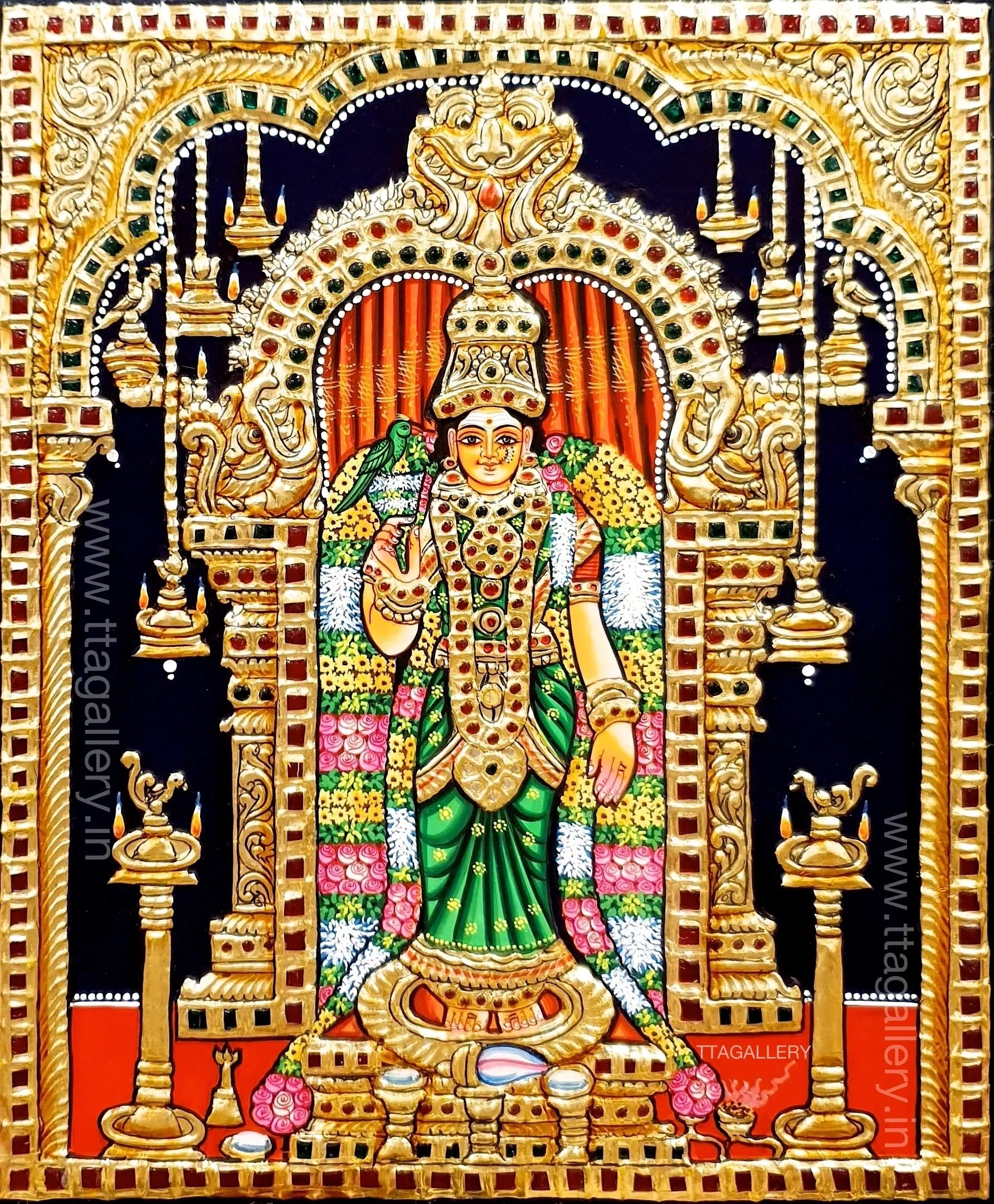 Meenakshi Amman Peacock Tanjore Painting