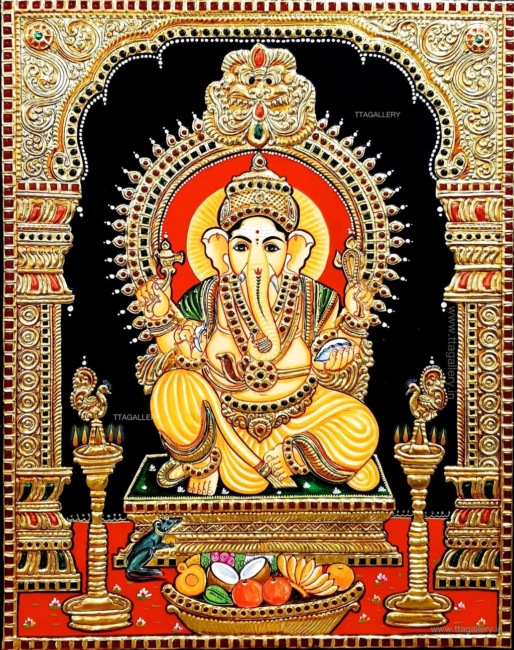 Raja Alangara Ganesha yellow Tanjore Painting