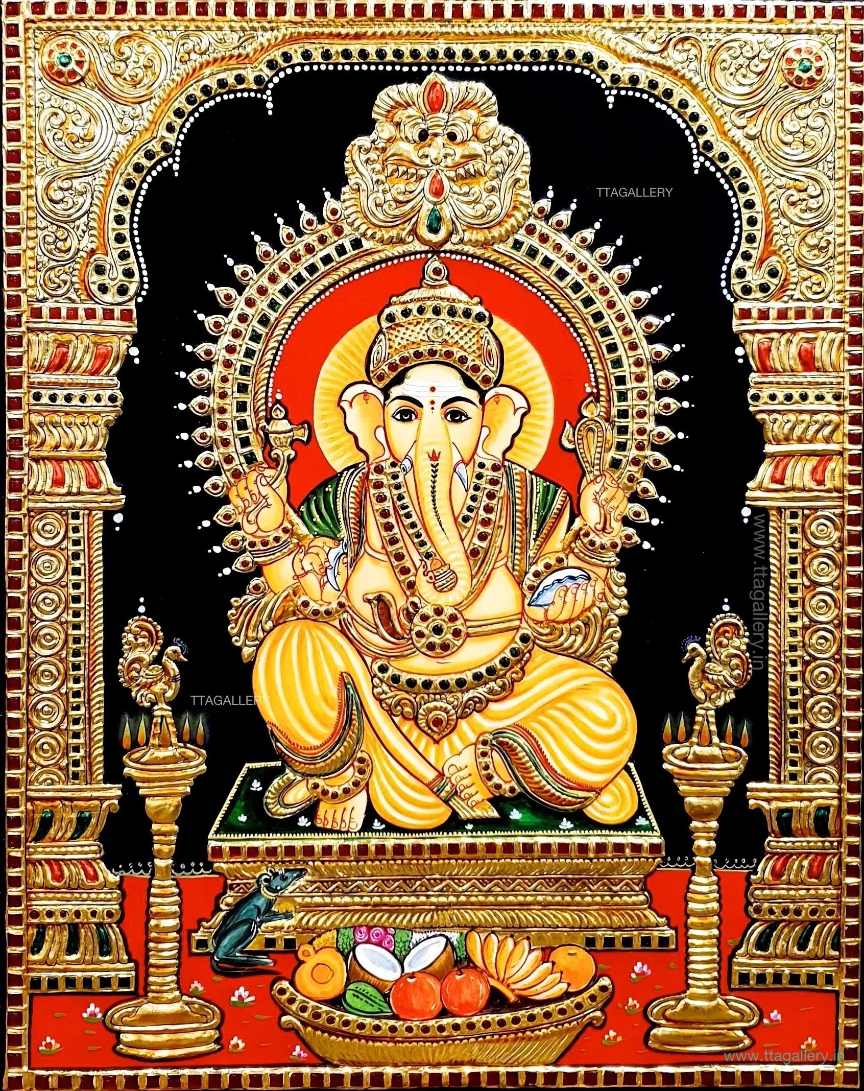 Raja Alangara Ganesha yellow Tanjore Painting