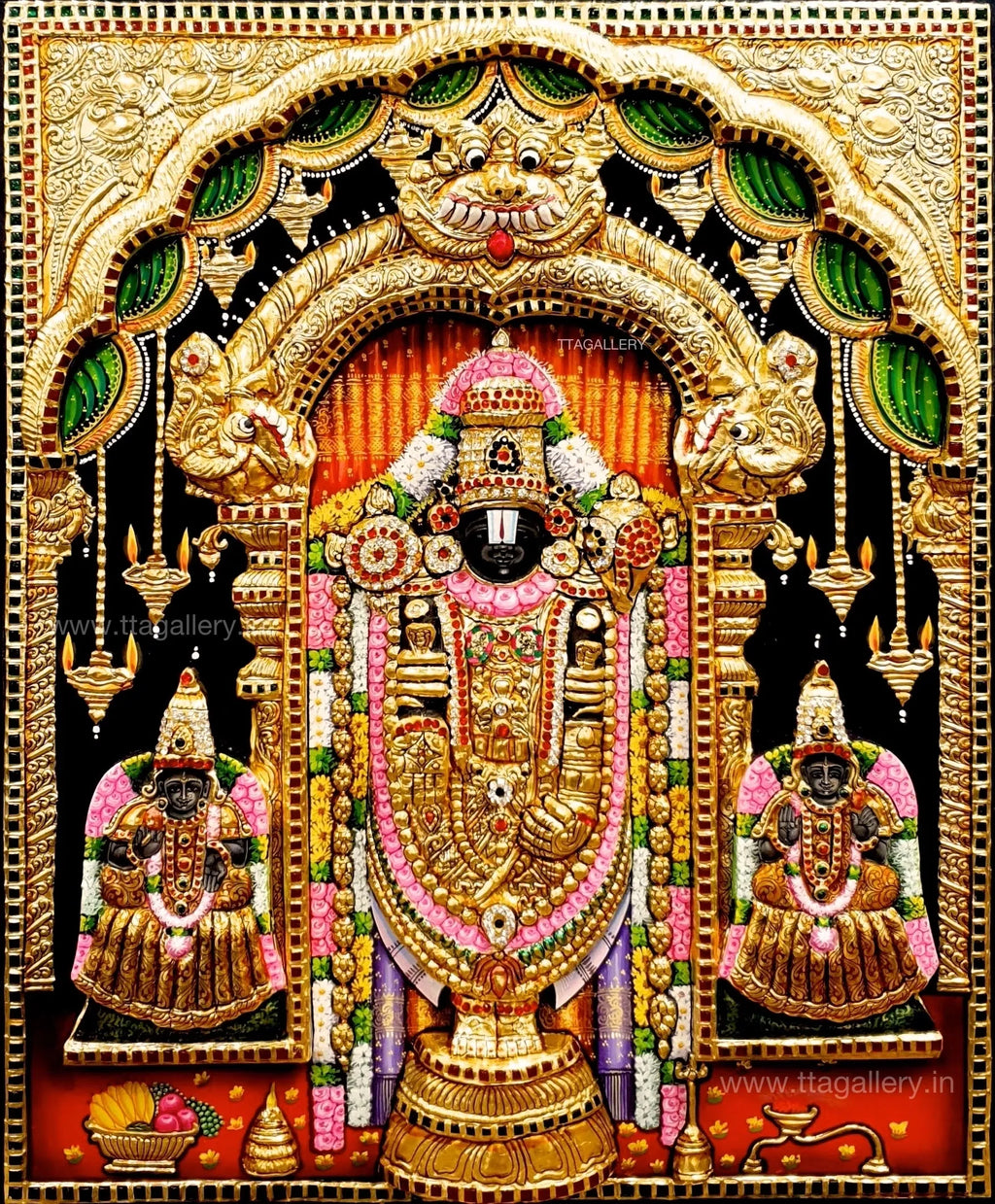 3D Balaji With Lakshmi & Padmavathi Tanjore Painting