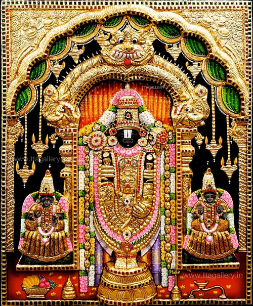 3D Balaji With Lakshmi & Padmavathi Tanjore Painting