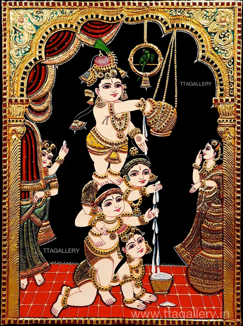 Butter Krishna with Friends Tanjore Painting