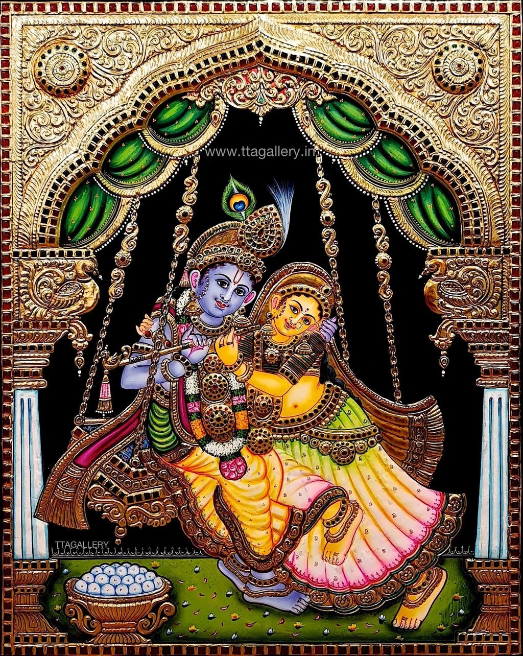 Oonjal Radha Krishna Tanjore Painting