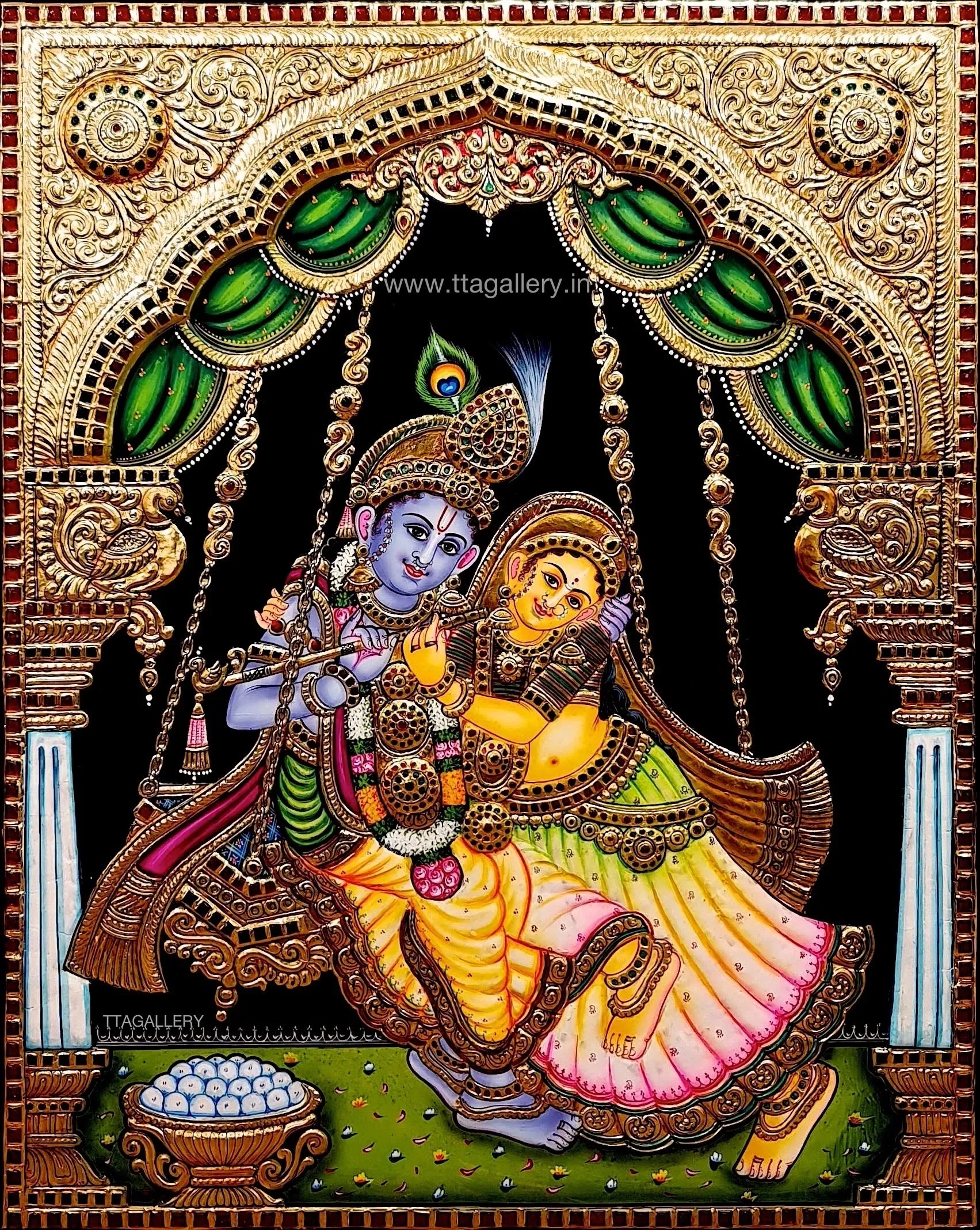 Oonjal Radha Krishna Tanjore Painting