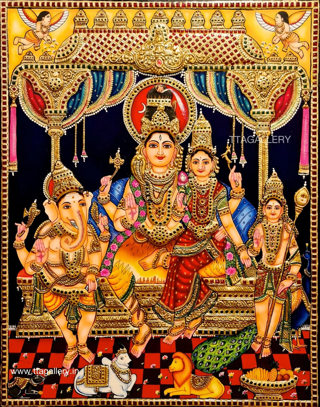 Shiva Family Semi Embossed Tanjore Painting
