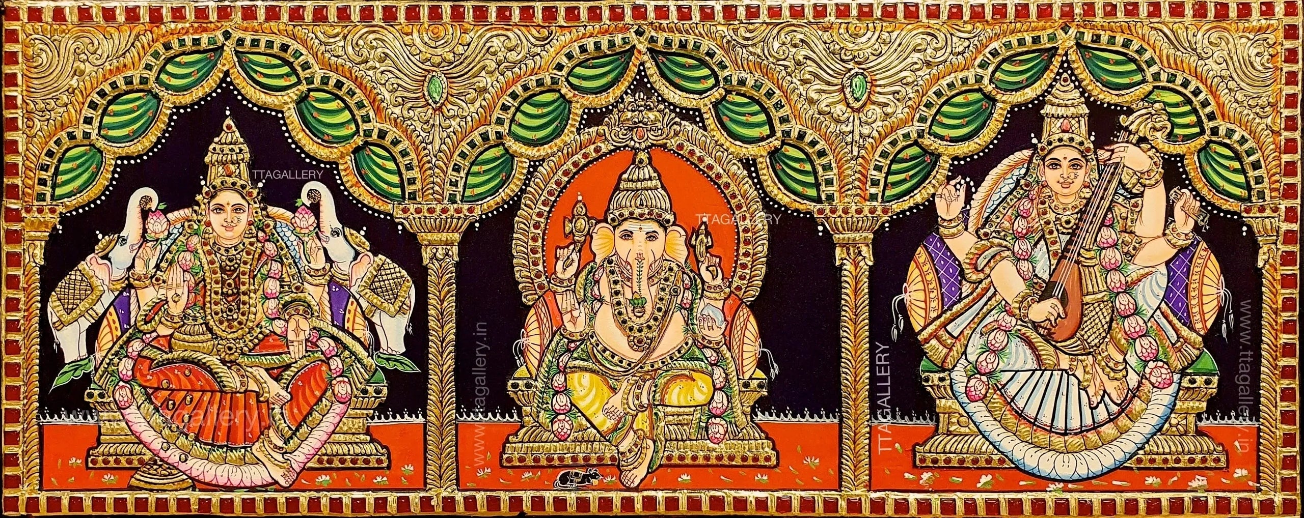 Gajalakshmi Ganesha & Saraswathy Tanjore Painting