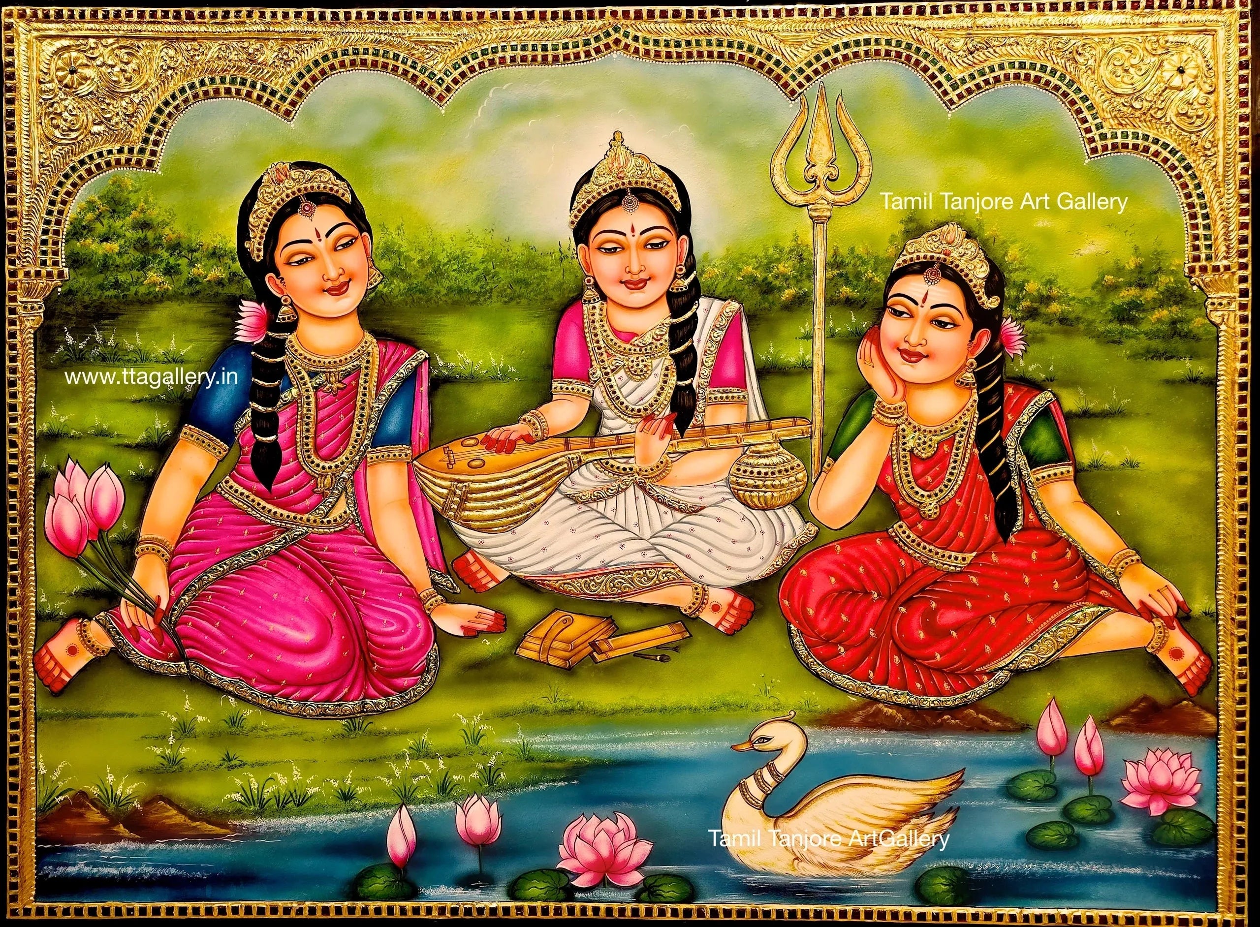 Parvati,Saraswati,Lakshmi Traditonal Tanjore Painting