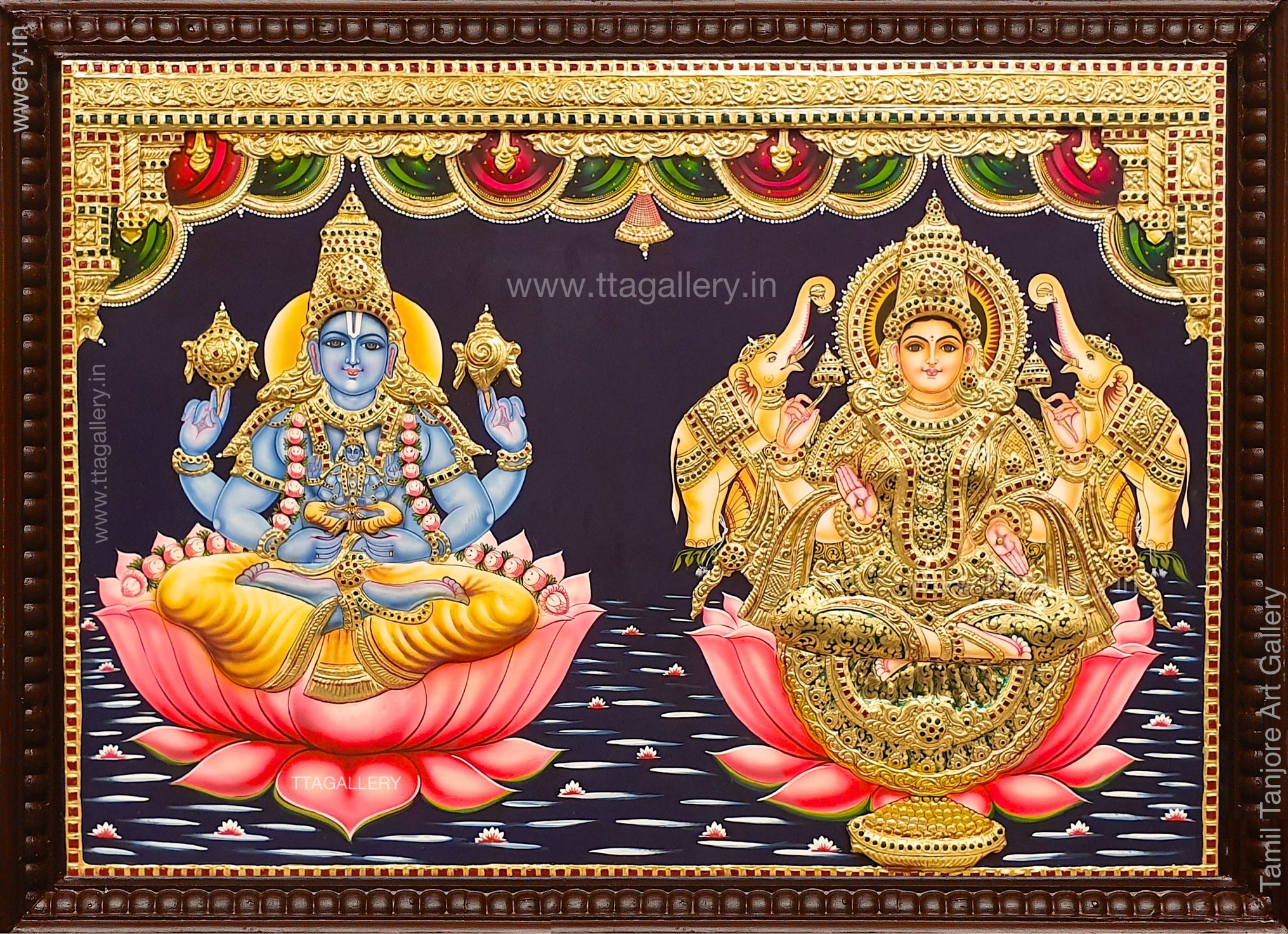 Vishnu Lakshmi Antique finish Semi Embossed Tanjore Painting