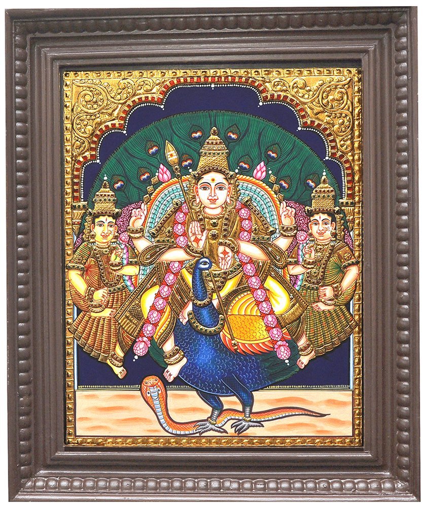 Murugan Valli Deivanai in Peacock Tanjore Painting