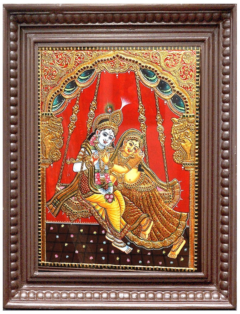 Oonjal Radhe Krishnan Red Skin Tanjore Painting