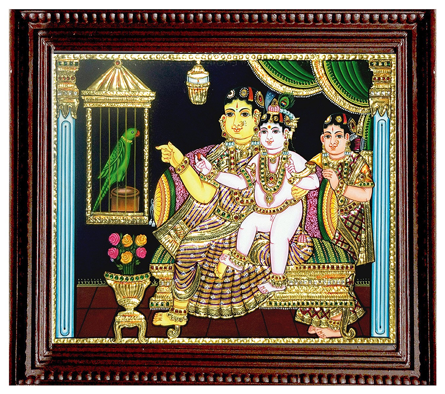 Yasodha Kannan With Parrot Tanjore Painting