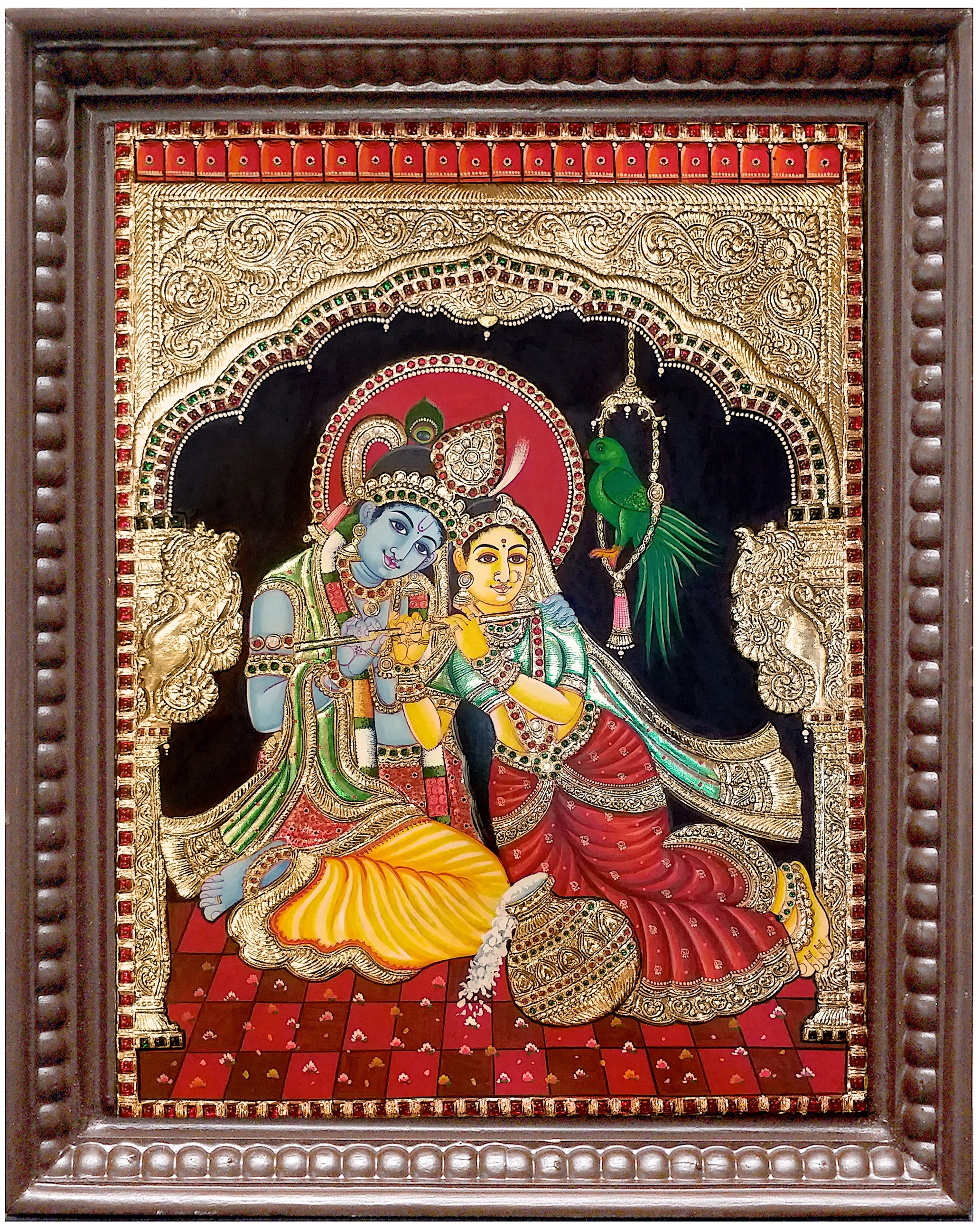Radha Krishna Red Tanjore Painting