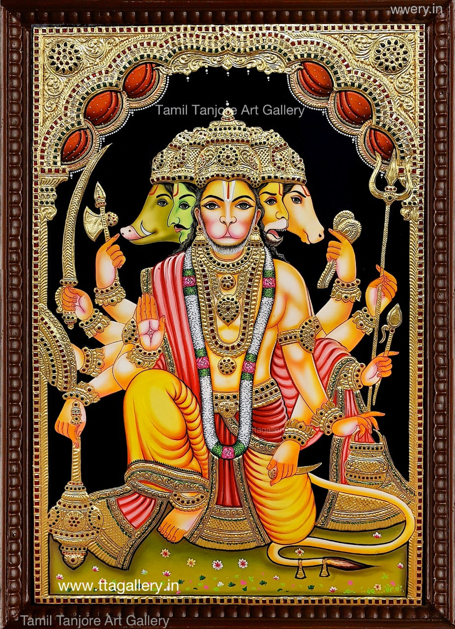 Panchamugha Hanuman Yellow Tanjore Painting