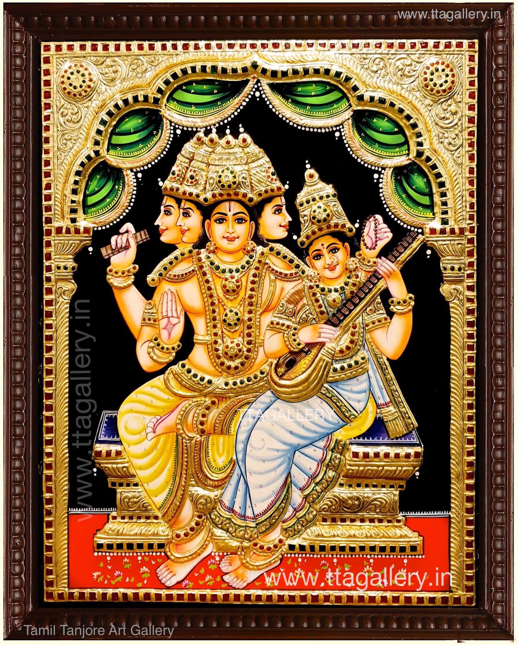 Brahma Saraswati Semi Embossed Tanjore Painting