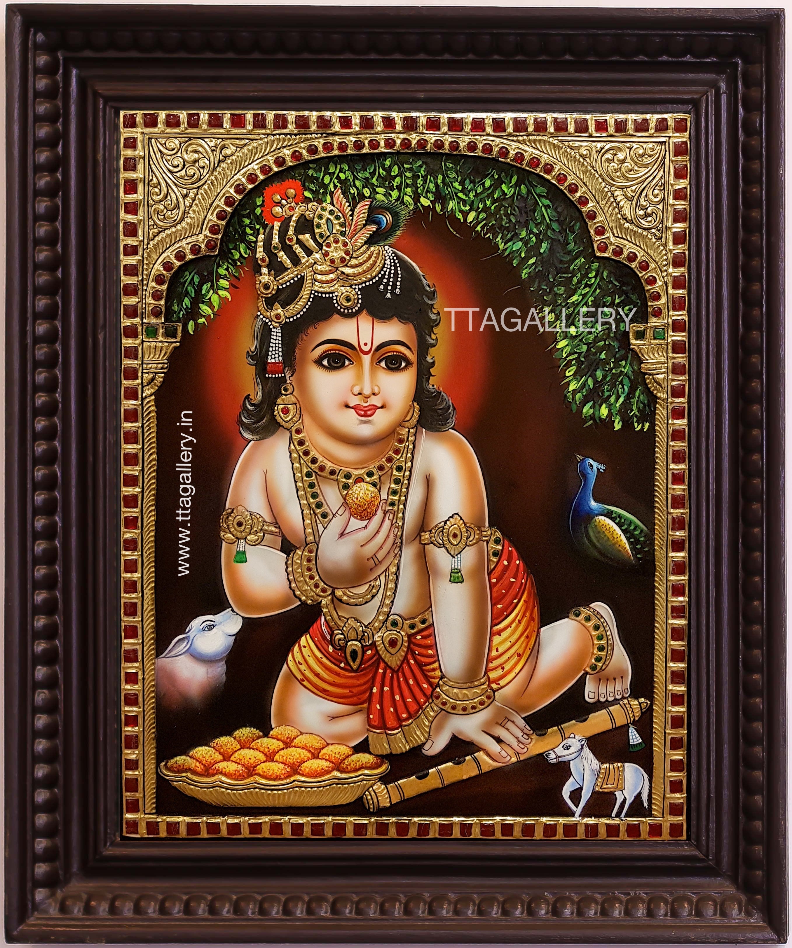 Krishna With Laddu Tanjore Painting