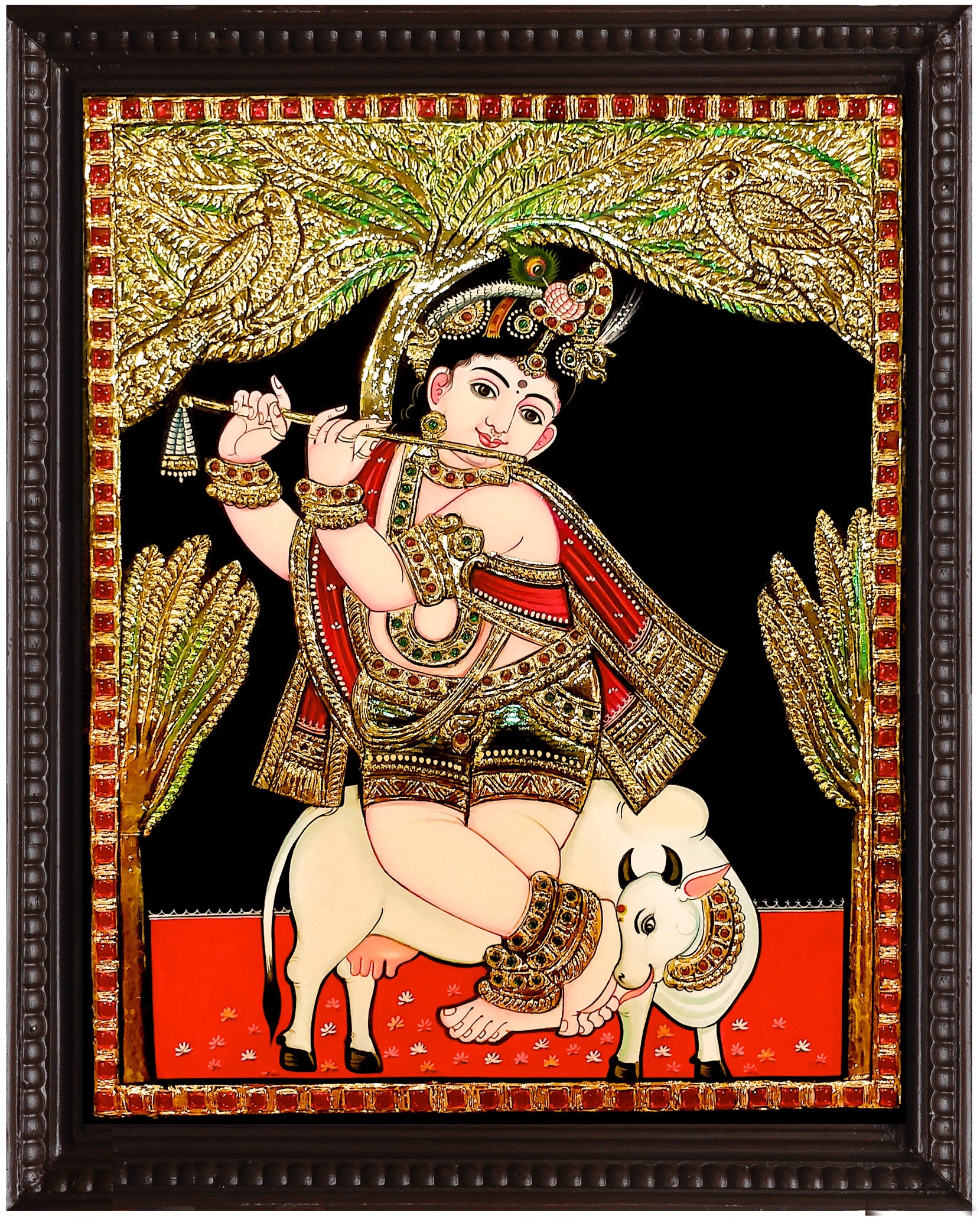 Krishna Flute Gold Tree Tanjore Painting