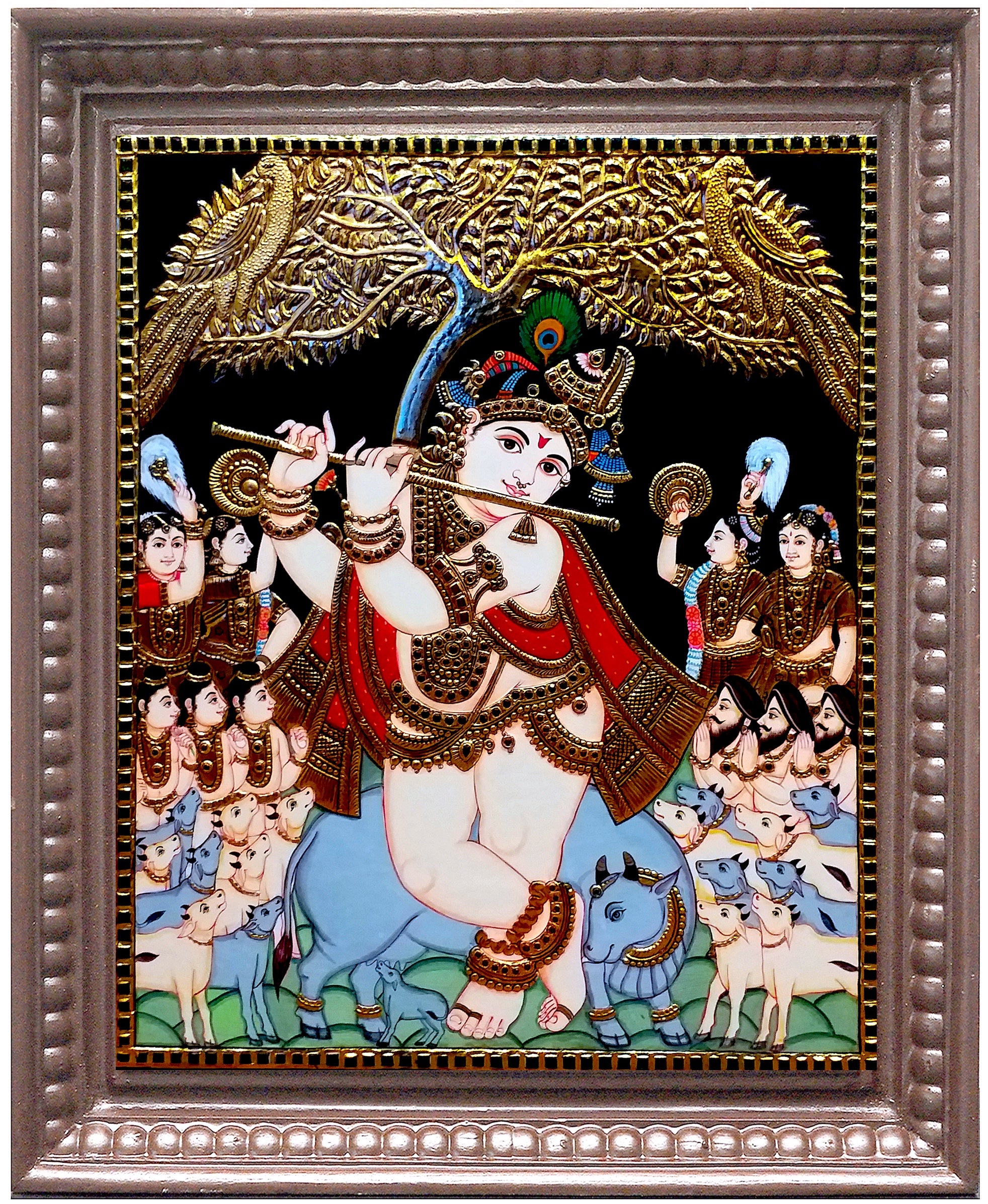 Flute Golden Tree Krishna Tanjore Painting