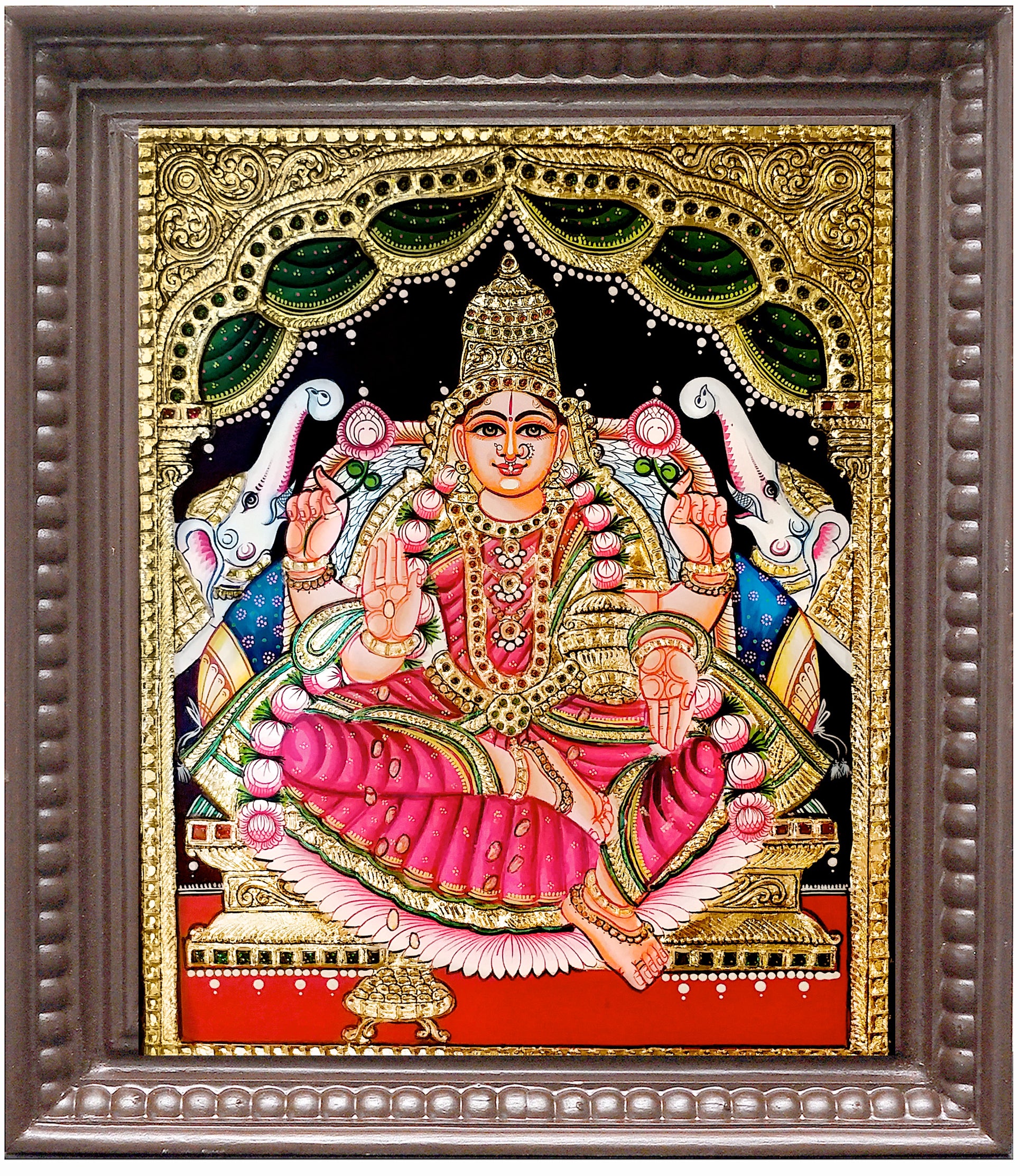 Gajalakshmi Green Pink Tanjore Painting