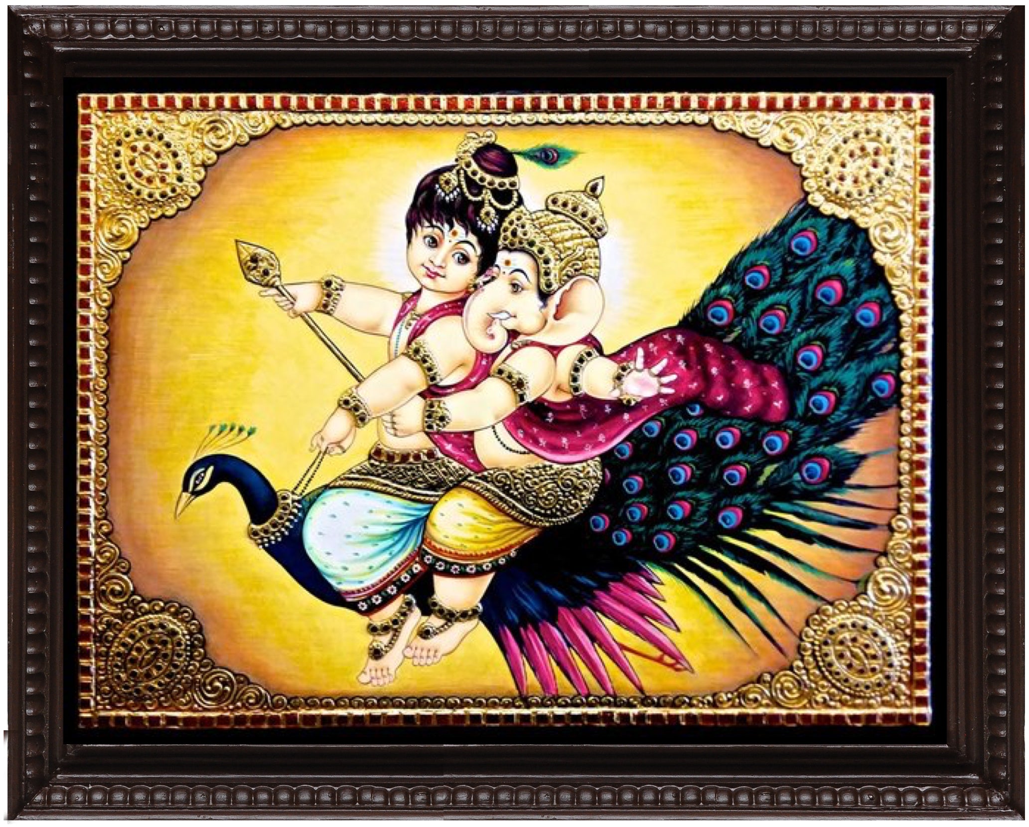 Murugan and Ganesha in Peacock Tanjore Painting