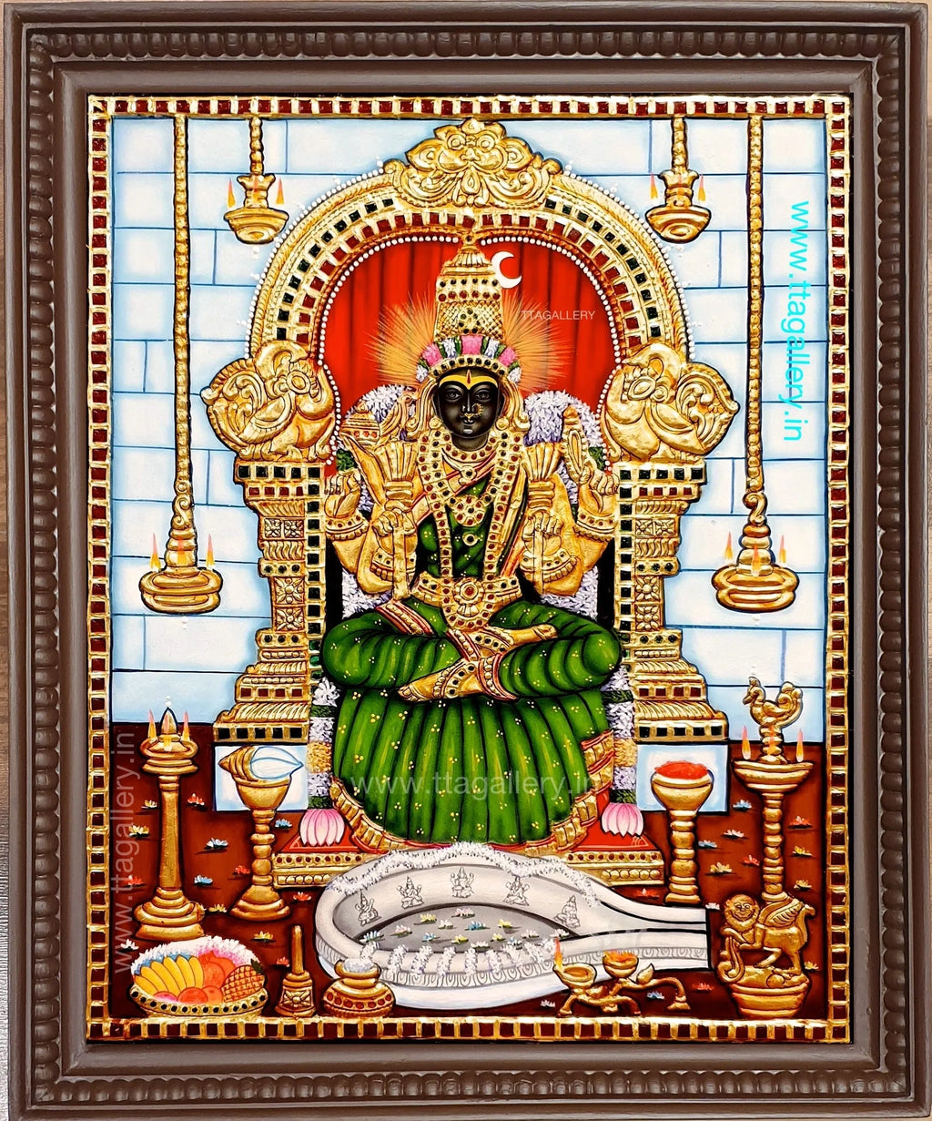 Kamatchi Amman Green Saree Tanjore Painting