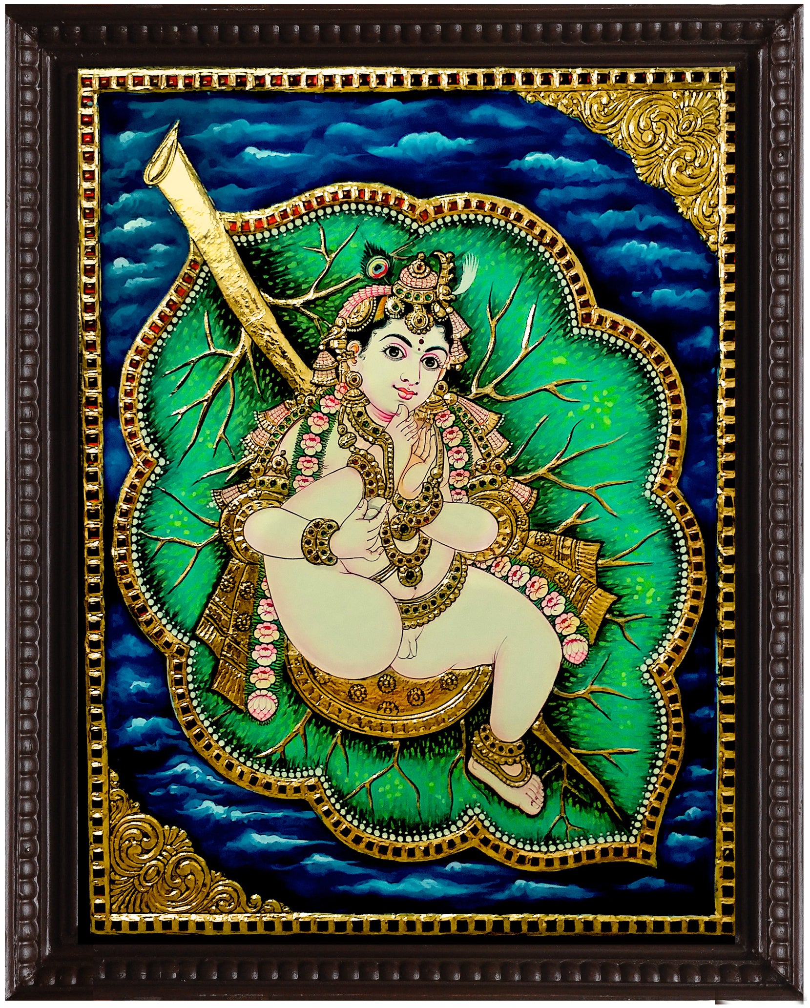 Krishna Leaf Green Tanjore Painting