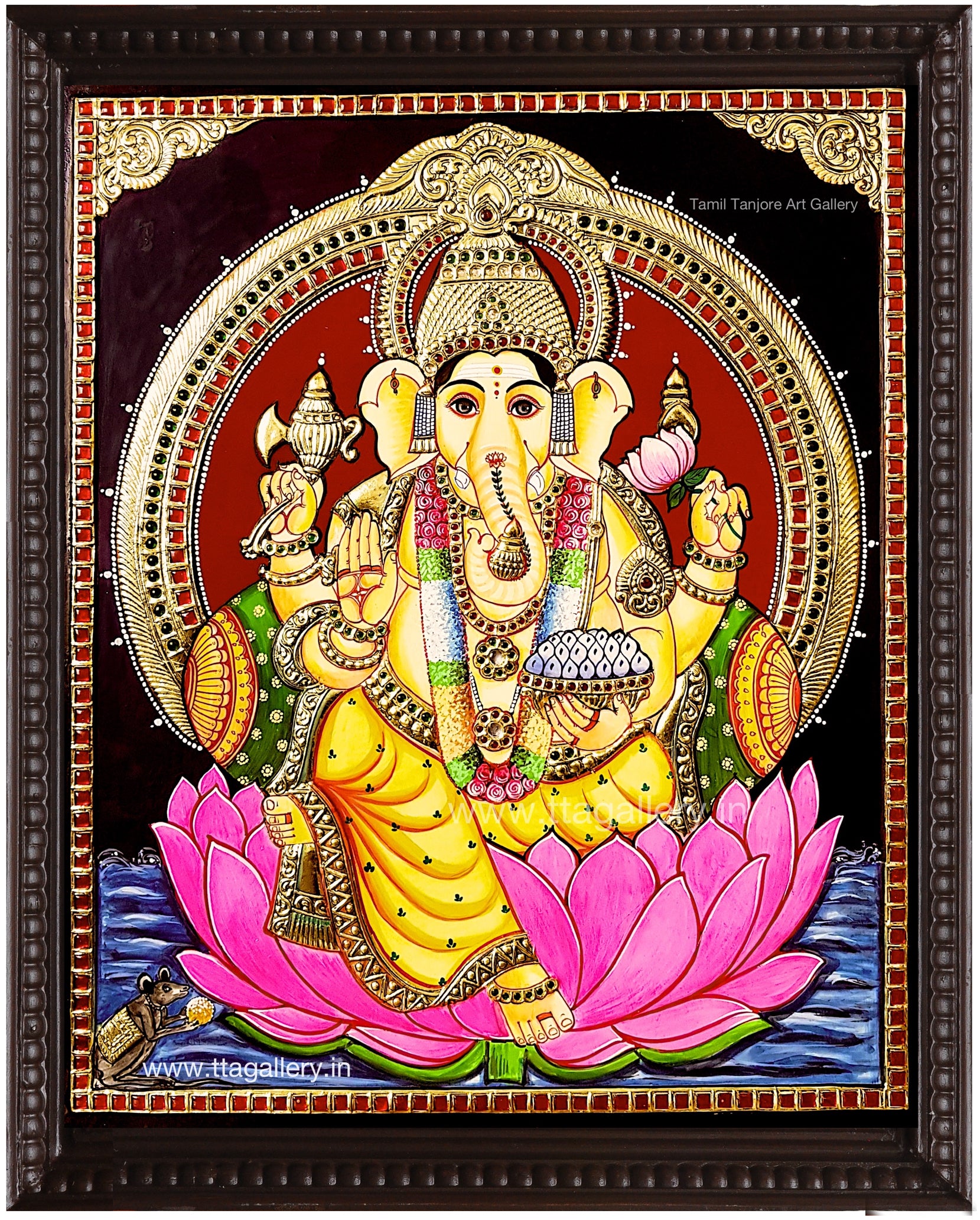 Lotus Ganesha Red Tanjore Painting