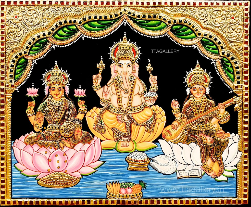 Pooja Ganesha Lakshmi Saraswathi Tanjore Painting