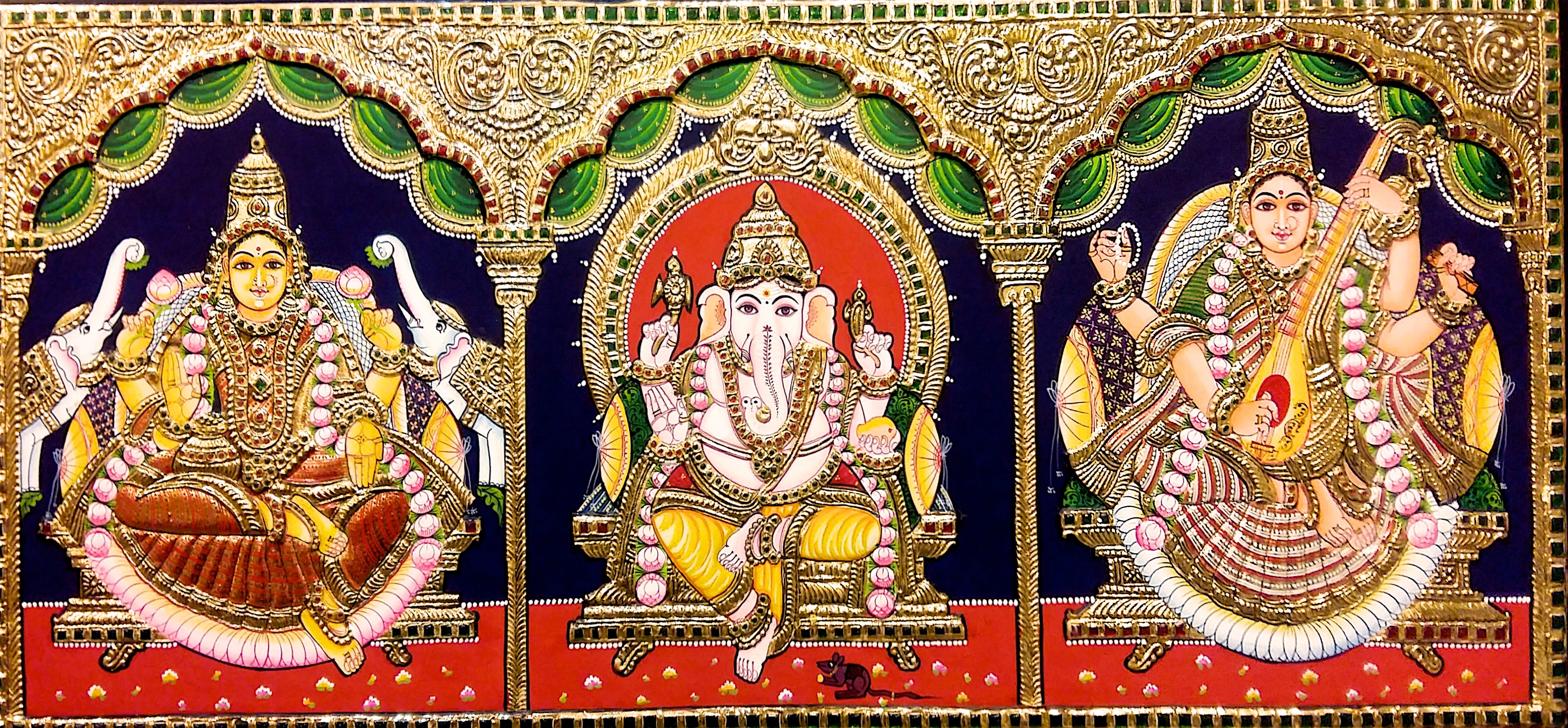 Vinayakar Lakshmi Saraswathi Yellow Tanjore Painting