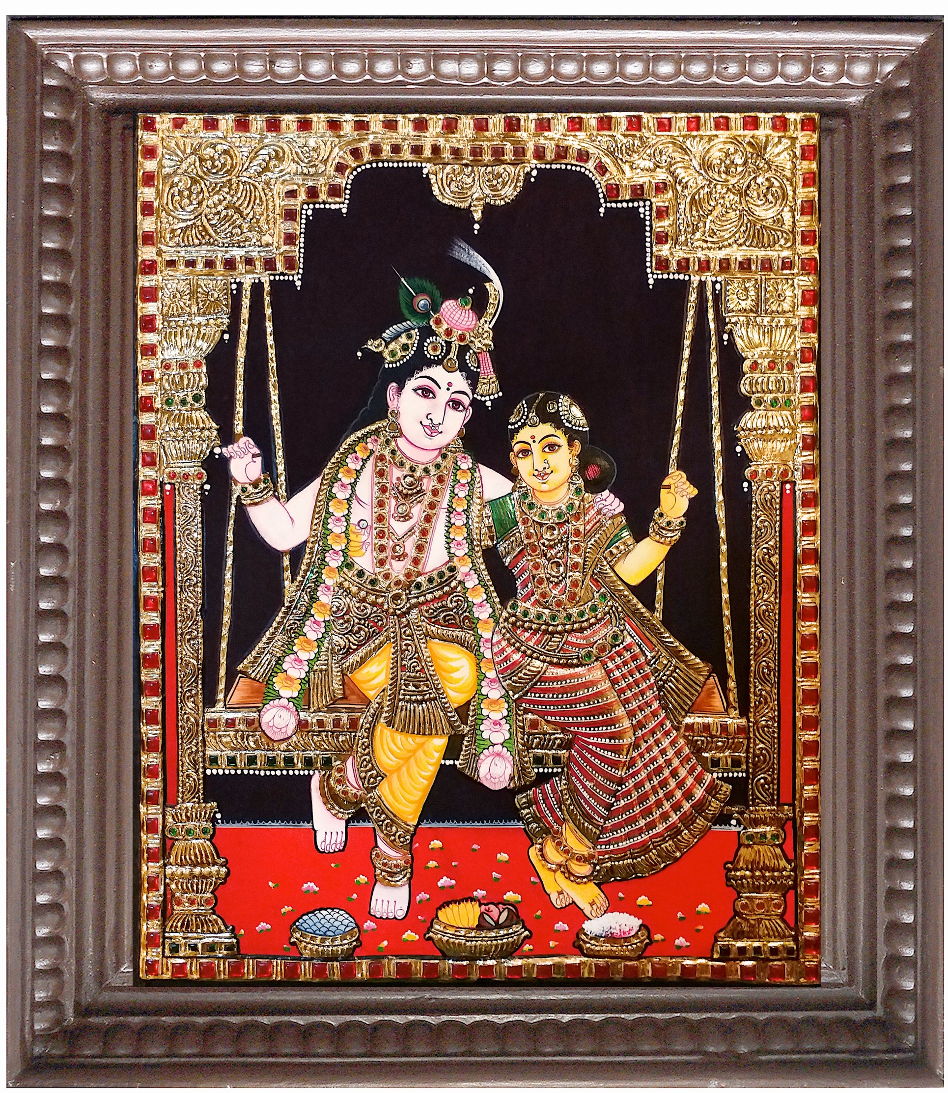 Oonjal Radhe Krishna Gold Saree Tanjore Painting