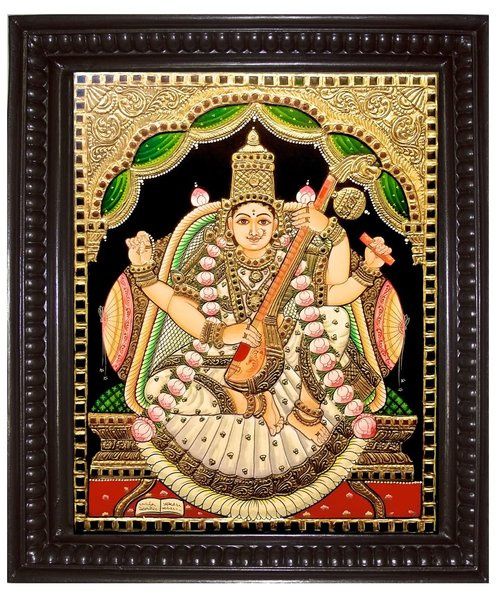 Saraswathi White & green Tanjore Painting