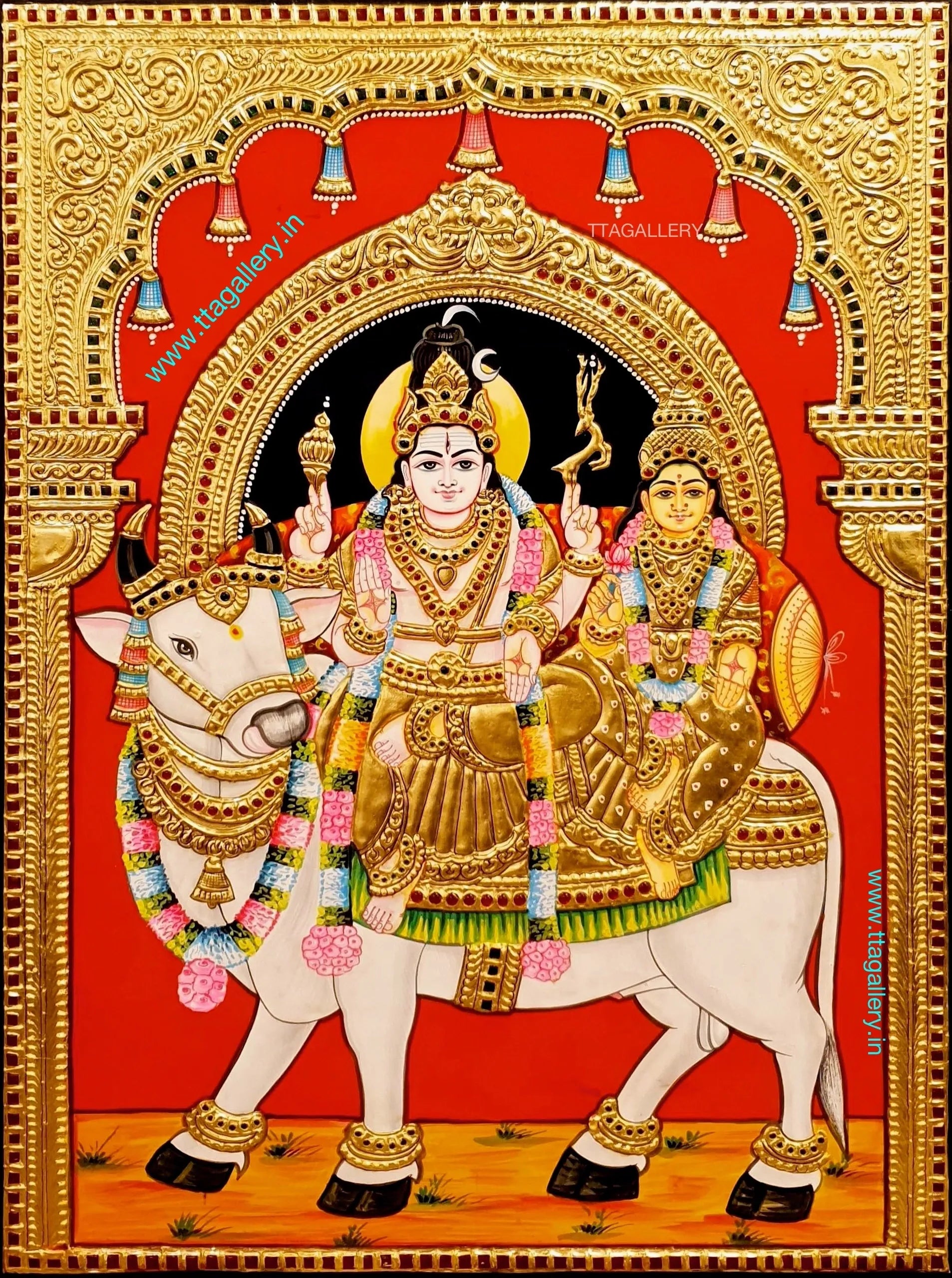 Shivan Parvathi With Rishabam Antique Tanjore Painting